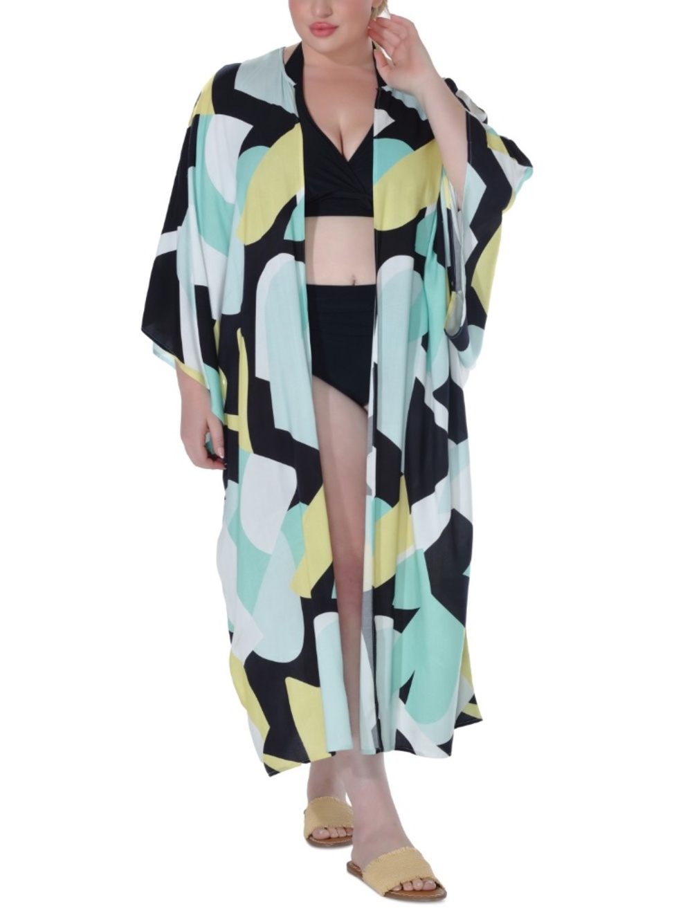 Raviya Plus Size Printed Open-Front Kimono Cover-up - Yellow Abstract